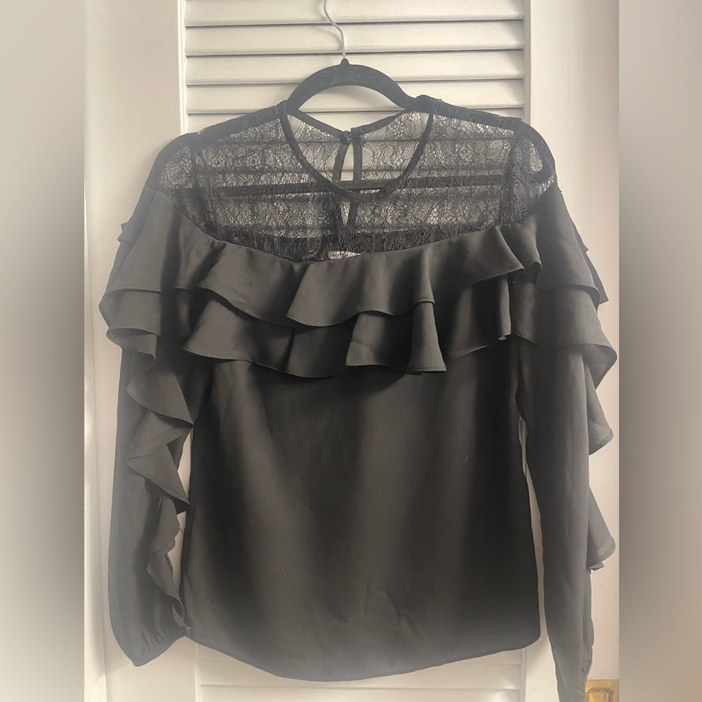 Mustard Seed Size Small Black Ruffle & Lace Blouse Size S small